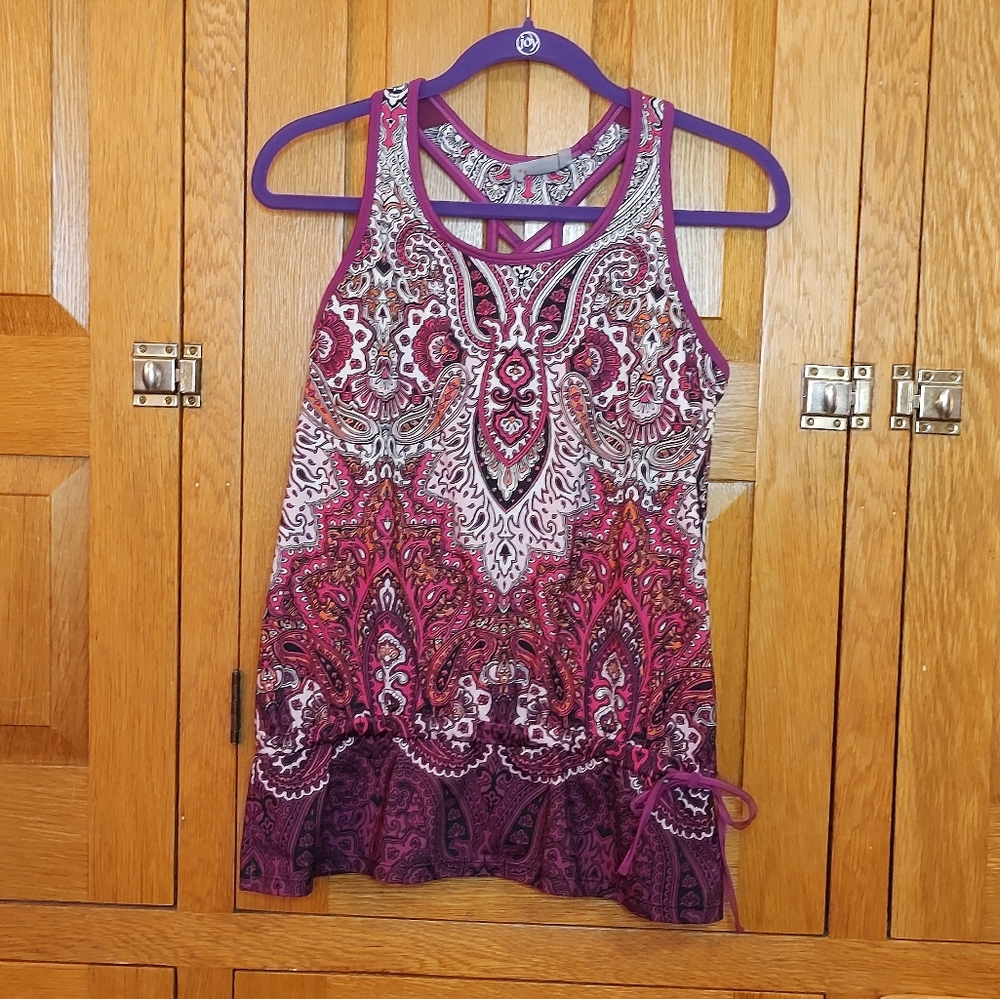 Athleta plum paisley drawstring flounce racerback tank top